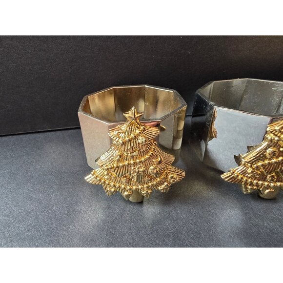Set Of 4 Silver & Gold Christmas Tree Napkin Rings Octagonal Design - Picture 3 of 7